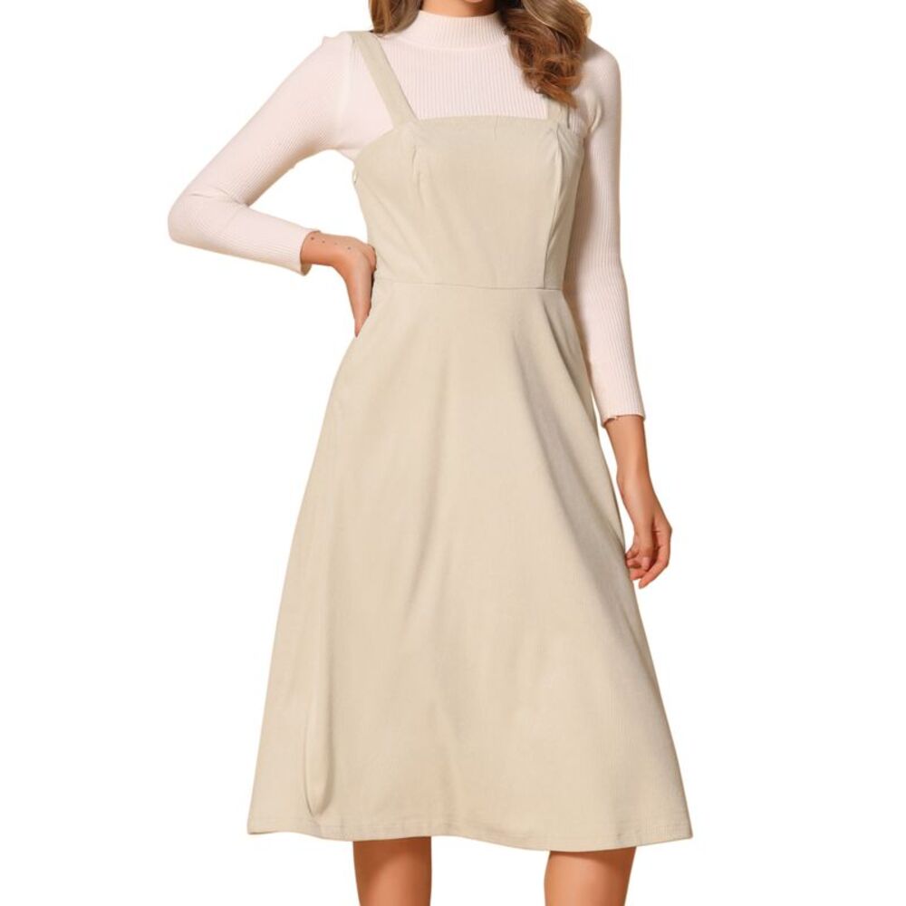 Tank Ribbed Vintage A-Line Sleeveless Casual Midi Dress Beige - Picture 1 of 5